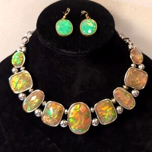 Vintage 80s Silver Toned Faux Australian Fire Opal Matching Earrings Necklace